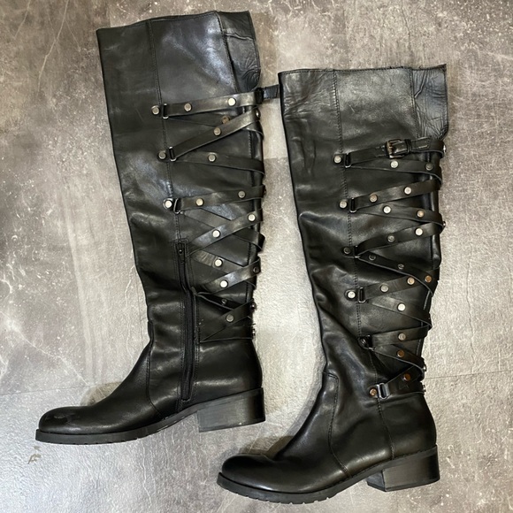 Shoes - Black faux leather mid knee high boots